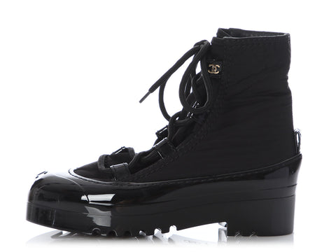 Chanel Black Fabric and Rubber Combat Boots
