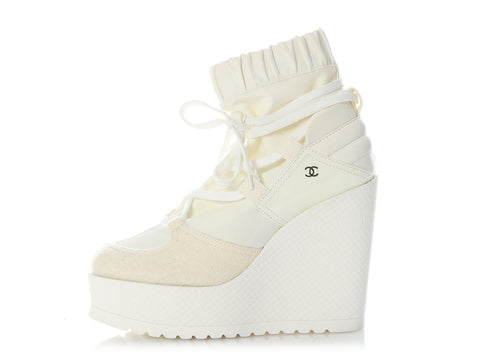 Chanel Off-White Tweed, Nylon, and Leather Runway Wedge Platform Boots