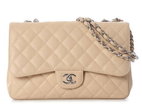 Chanel Jumbo Beige Quilted Caviar Classic Single Flap