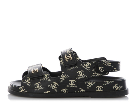 Chanel Black Rubber Logo Gate No. 5 Sandals