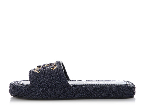 Chanel Navy Crochet Leather Slide Sandals