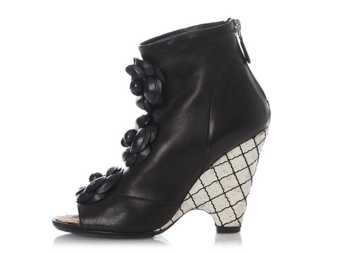 Chanel Black Lambskin Camellia Wedge Booties