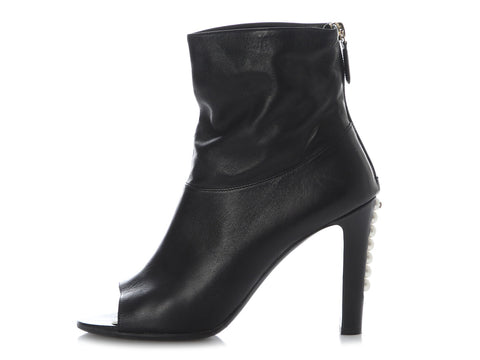 Chanel Black Pearl Heel Open-Toe Booties