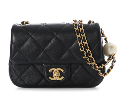 Chanel Mini Black Quilted Aged Calfskin Double Pearl Flap