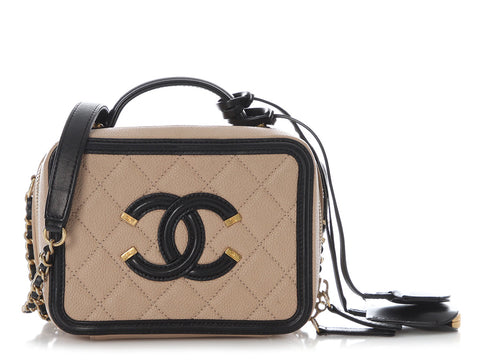 Chanel Small Beige and Black Quilted Caviar Filigree Bag