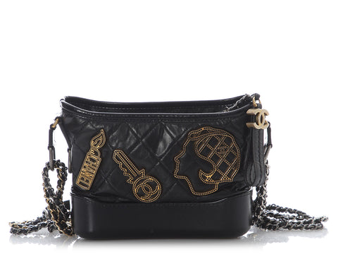Chanel Small Black Part-Quilted Aged Calfskin Charms Gabrielle Hobo