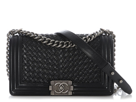 Chanel Old Medium Black Braided Calfskin Boy Bag