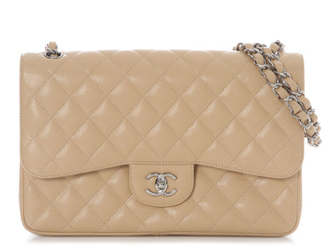Chanel Jumbo Beige Quilted Caviar Classic Double Flap