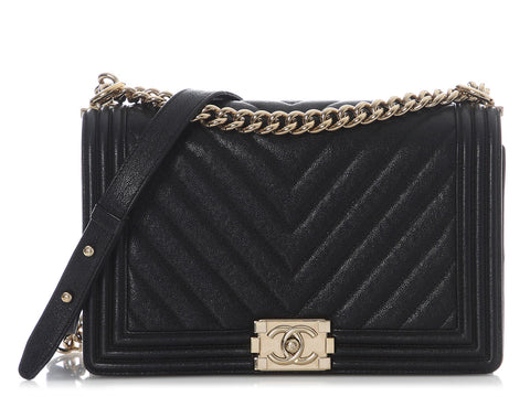 Chanel New Medium Black Chevron-Quilted Caviar Boy Bag