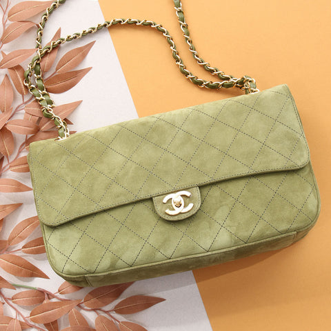Chanel Maxi Green Quilted Suede Souplissimo Flap