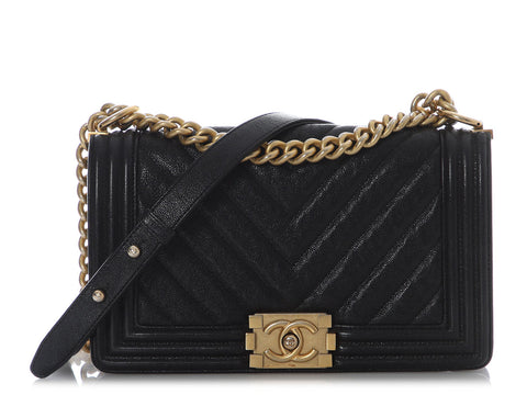 Chanel Old Medium Black Chevron-Quilted Caviar Boy Bag