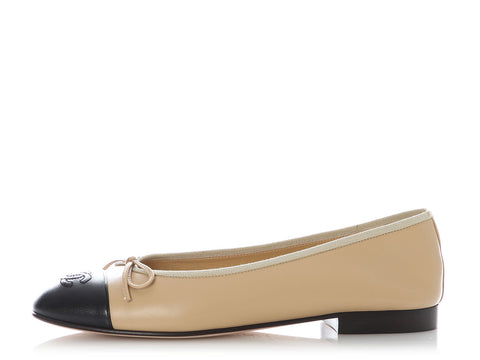 Chanel Beige and Black Cap-Toe Ballet Flats