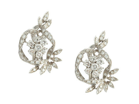 18K White Gold Diamond Swirl Mid-Century Clip-On Earrings