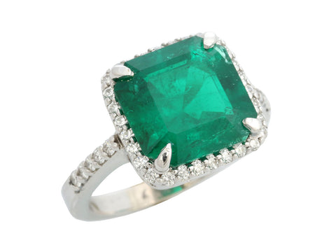 14K White Gold 6-Carat Colombian Emerald and Diamond Ring
