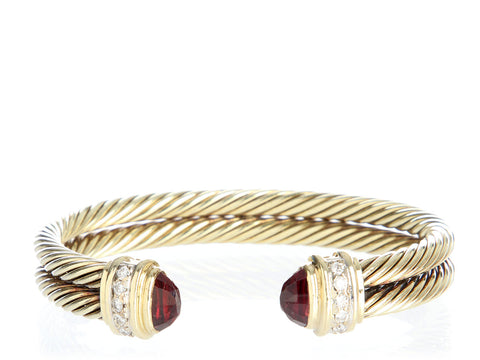 David Yurman 14K Yellow Gold Diamond and Garnet Double Row Cable Bracelet