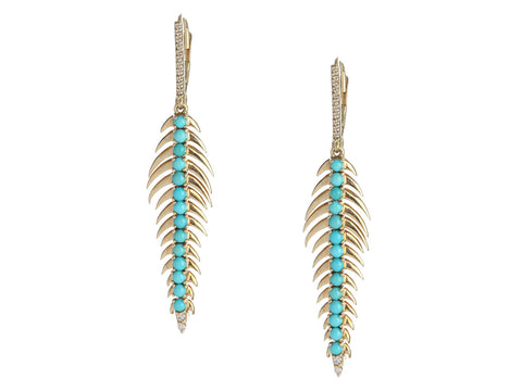 14K Yellow Gold Turquoise Diamond Long Feather Pierced Drop Earrings