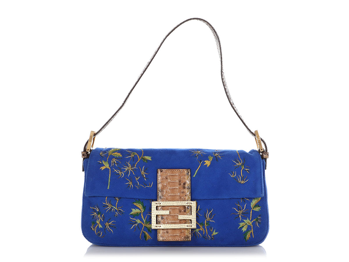 Fendi Blue Embroidered Suede and Python Baguette