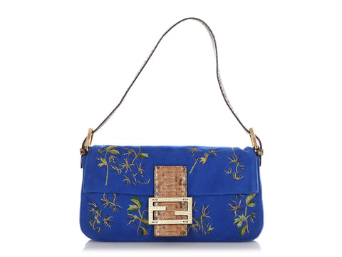 Fendi Blue Embroidered Suede and Python Baguette