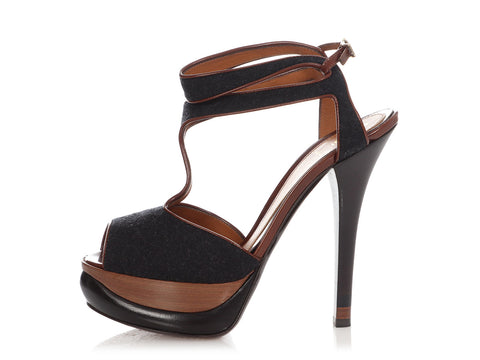 Fendi Black Felt Peep-Toe T-Strap Platform Sandals