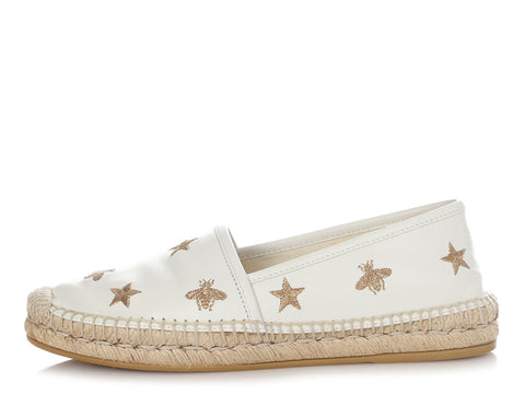 Gucci White Leather Star and Bee Espadrilles
