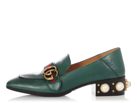 Gucci Green Mid-Heel Pearl Loafers