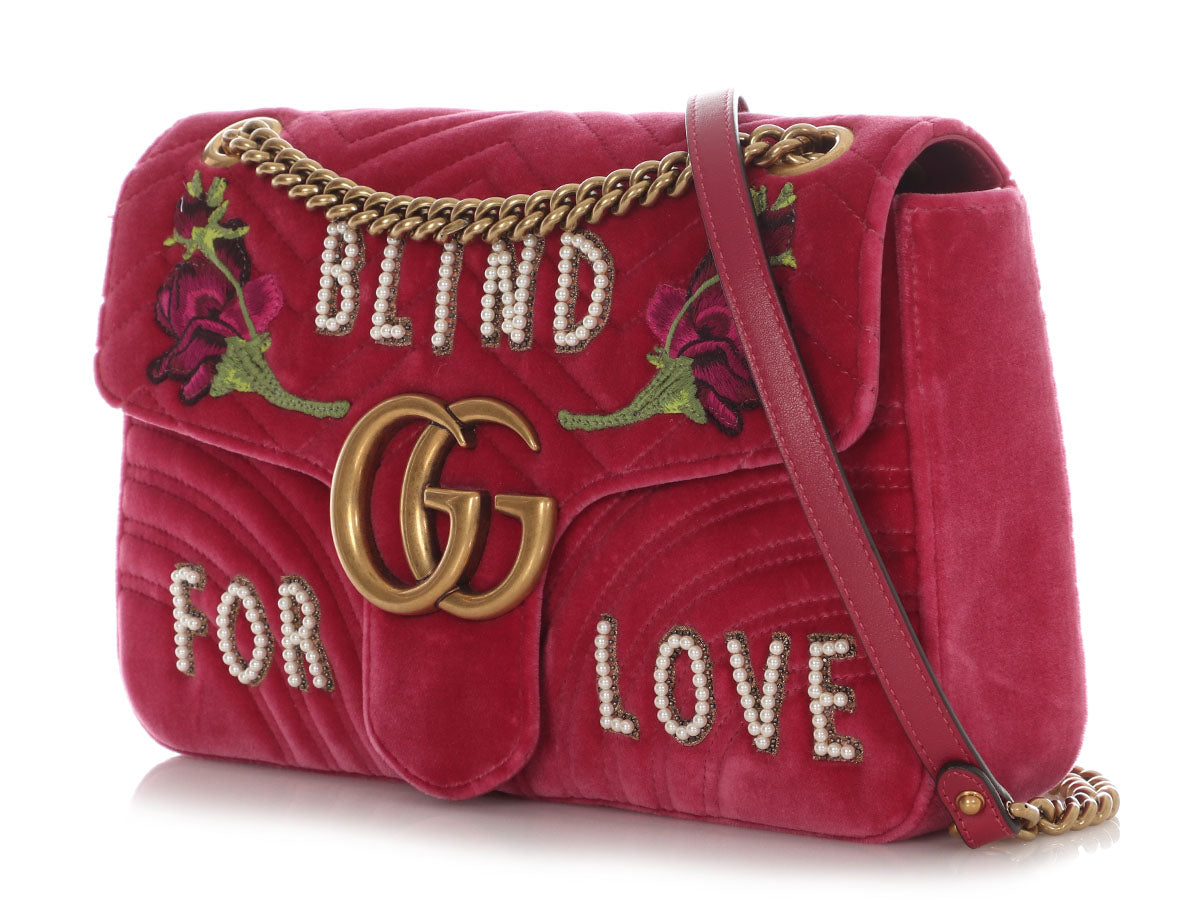 Gucci Medium Light Raspberry Velvet Matelasse Blind for Love Embroidered GG Marmont Shoulder Bag