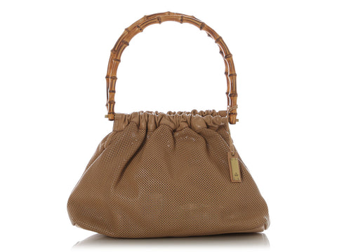 Gucci Vintage Beige Perforated Bamboo Handle Tote