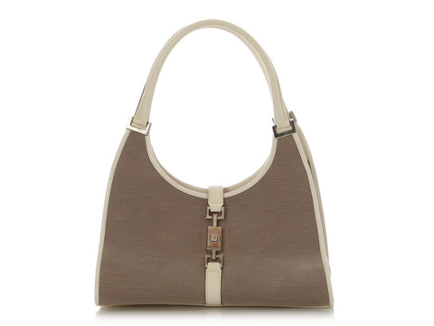 Gucci Vintage Beige Canvas and White Leather Bardot Bag