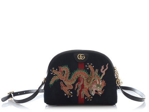 Gucci Dragon-Embroidered Blue Suede Ophidia Shoulder Bag