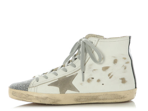 Golden Goose White Leather and Swarovski Crystal Francy High Top Sneakers