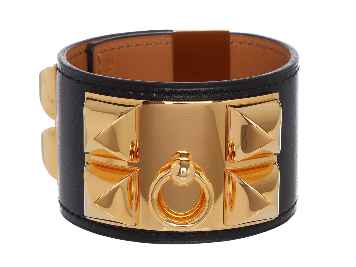 Hermes Kelly Yellow Gold-Plated Brown Leather Bangle - 6 1/4