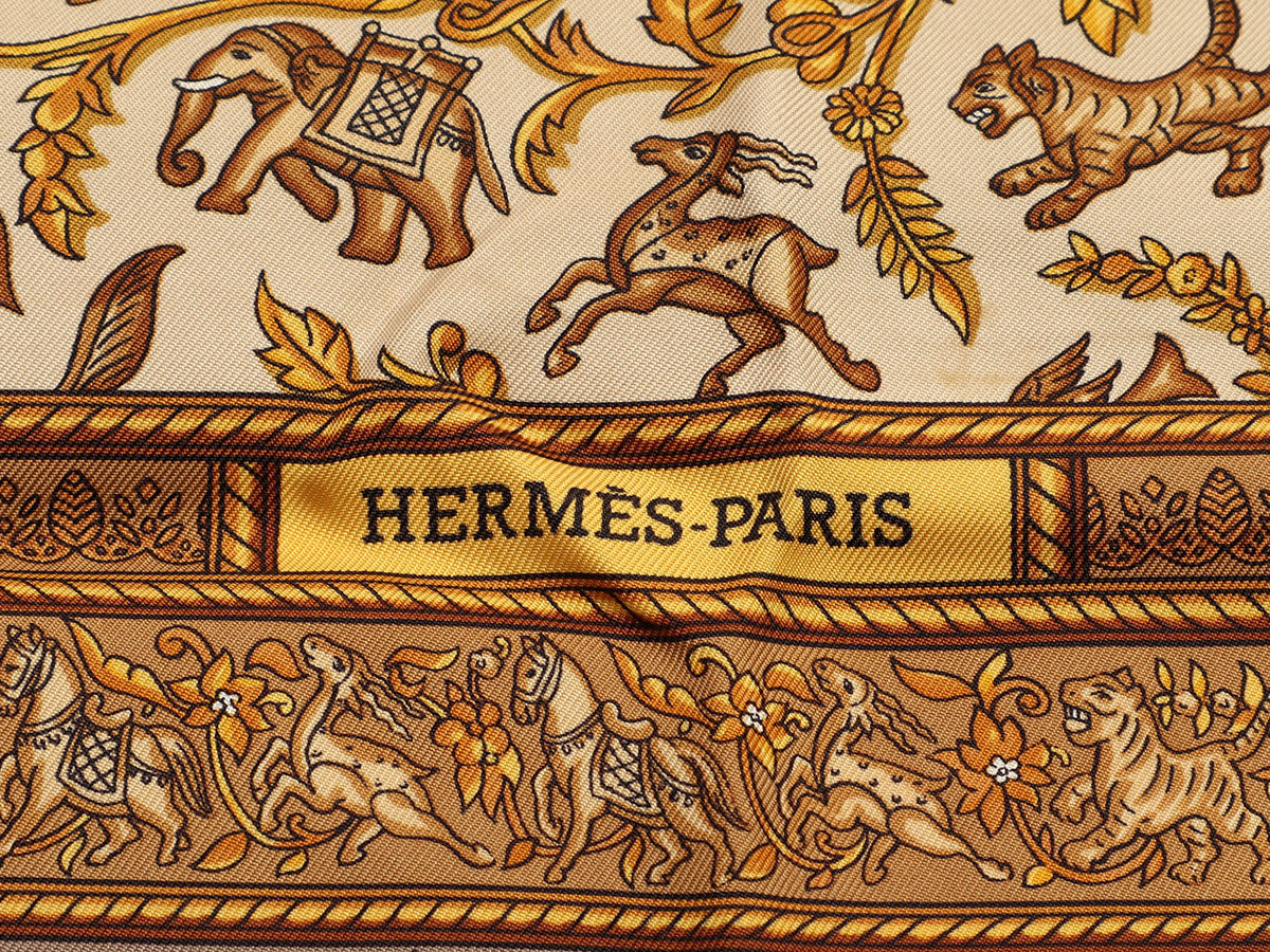 Hermes Black/Gold Silk 'Chasse en Inde' Print Michele Duchene 90cm