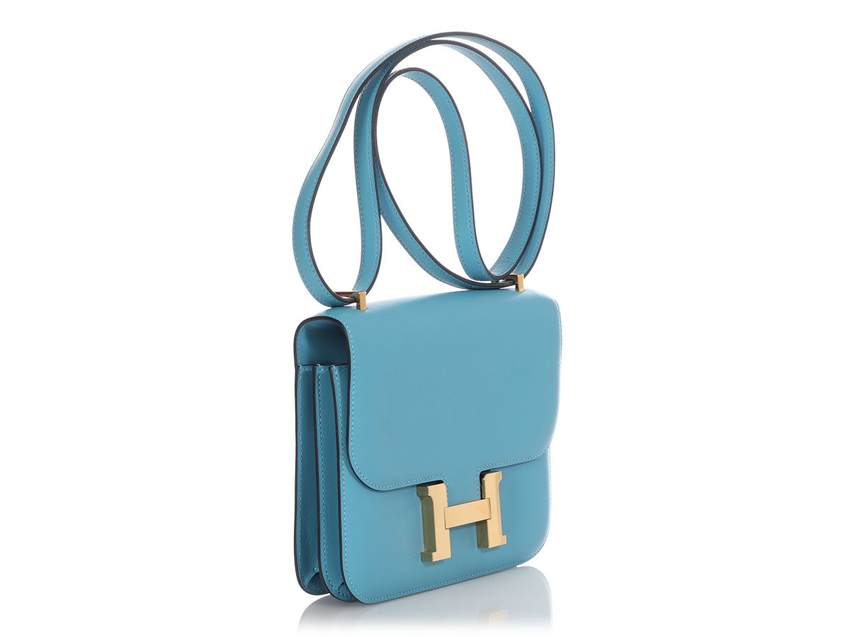 Hermes PHW Constance Mini Shoulder Bag Swift Leather Blue Bleu Du Nord