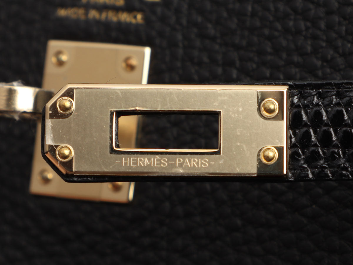 Hermes Kelly Touch 25 Retourne Bag Black Lizard / Togo Permabrass