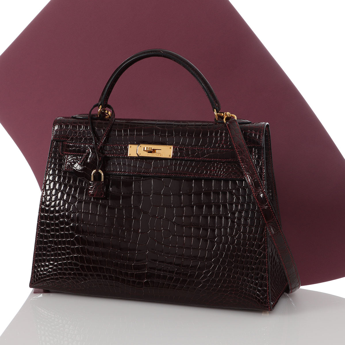 Hermès Bordeaux Shiny Porosus Crocodile Kelly 32