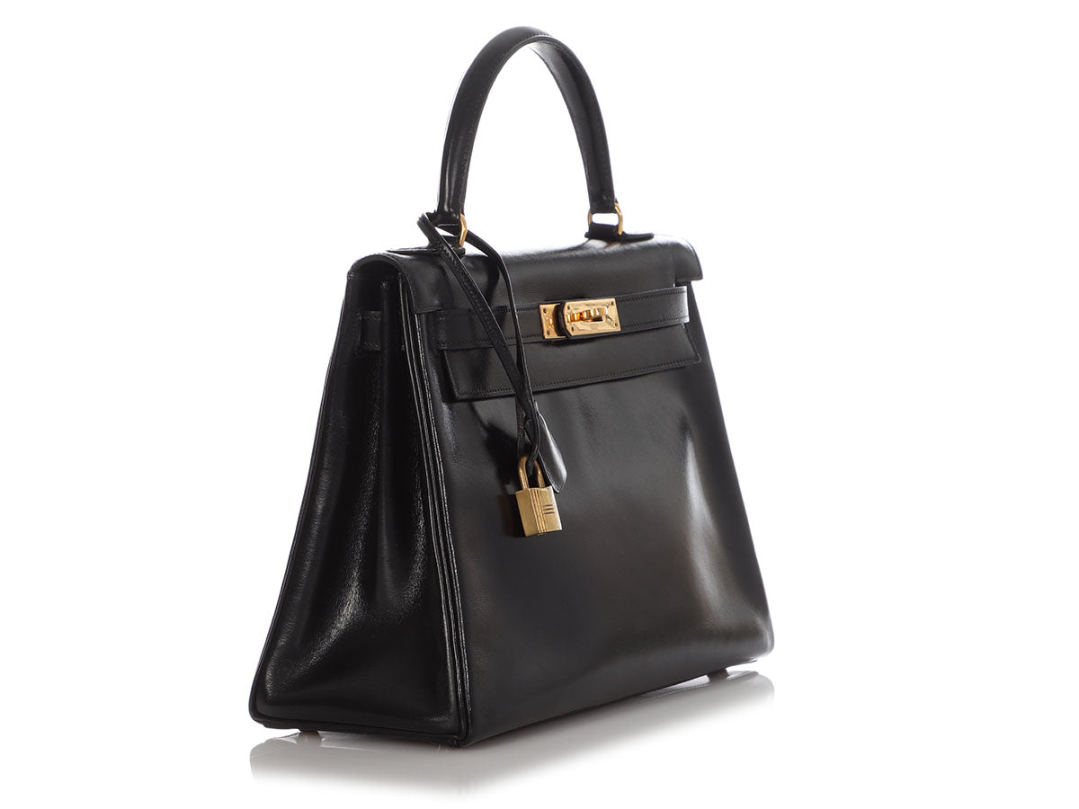 HERMES Vintage Kelly 28 Flap Bag in Black Box Leather