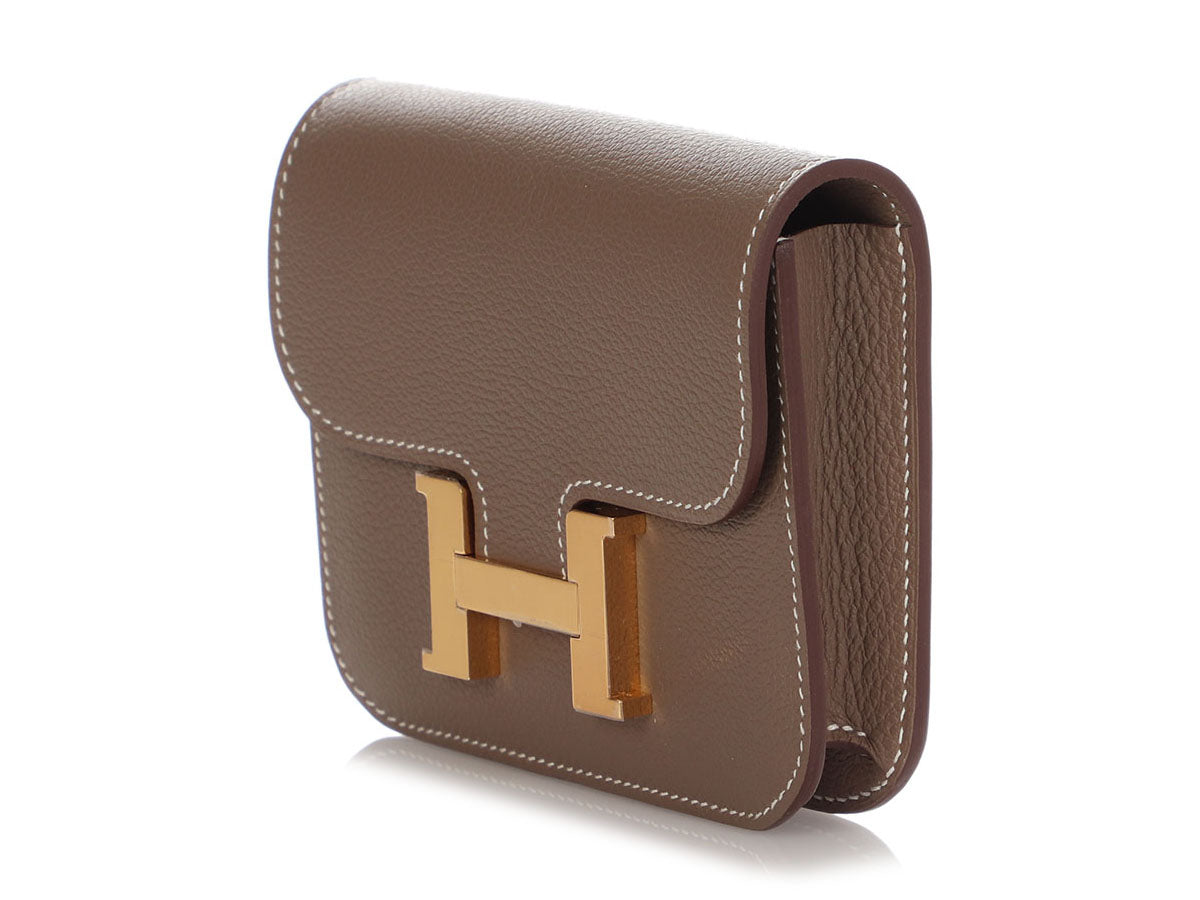 Hermes Etoupe Constance Slim Wallet Silver with Strap and Attachable to Belt