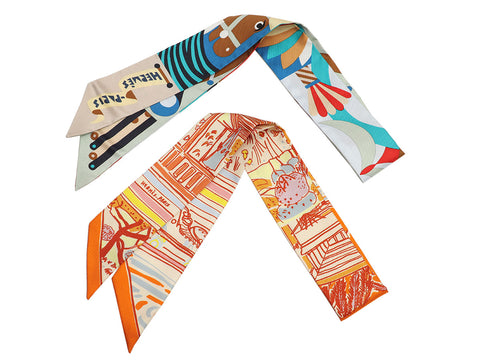 Hermès Rayures d'Ete and Parade en Fanfare Silk Twilly Pair