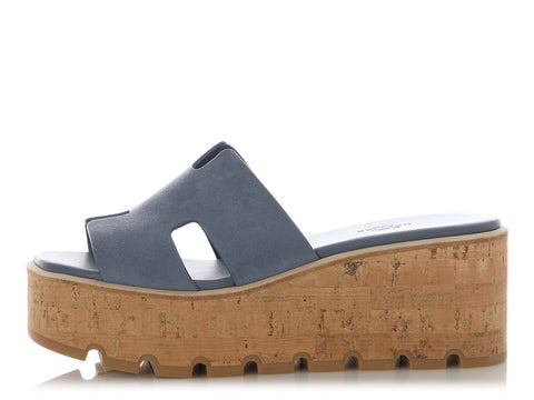 Hermès Bleu Grignon Suede Goatskin Eze 30 Platform Sandals