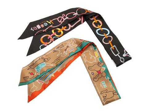 Hermès Do Re Boucles and Les Chiens Parisiens Silk Twilly Pair
