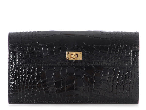 Hermès Black Shiny Alligator Kelly Pocket Long Wallet