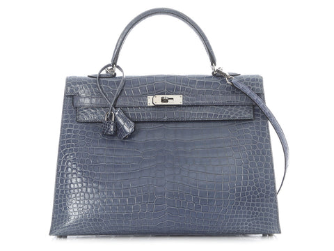 Hermès Bleu Brighton Shiny Porosus Crocodile Kelly 35
