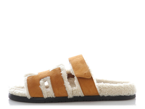 Hermès Brown Suede and Shearling Chypre Sandals