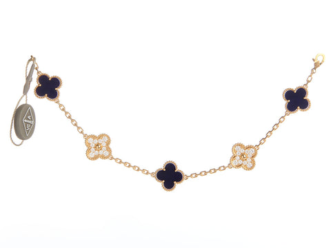 Van Cleef & Arpels 18K Yellow Gold Diamond and Blue Sèvres Porcelain Vendôme Vintage Alhambra Bracelet