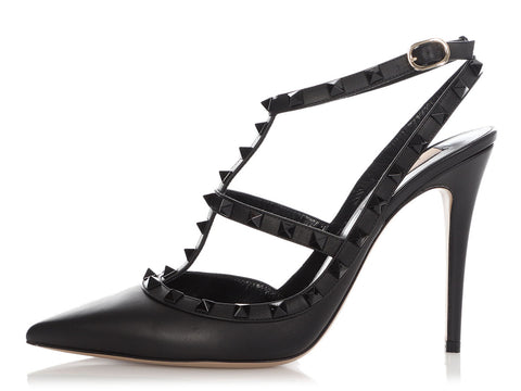 Valentino Matte Black Rockstud Ankle Strap Pumps