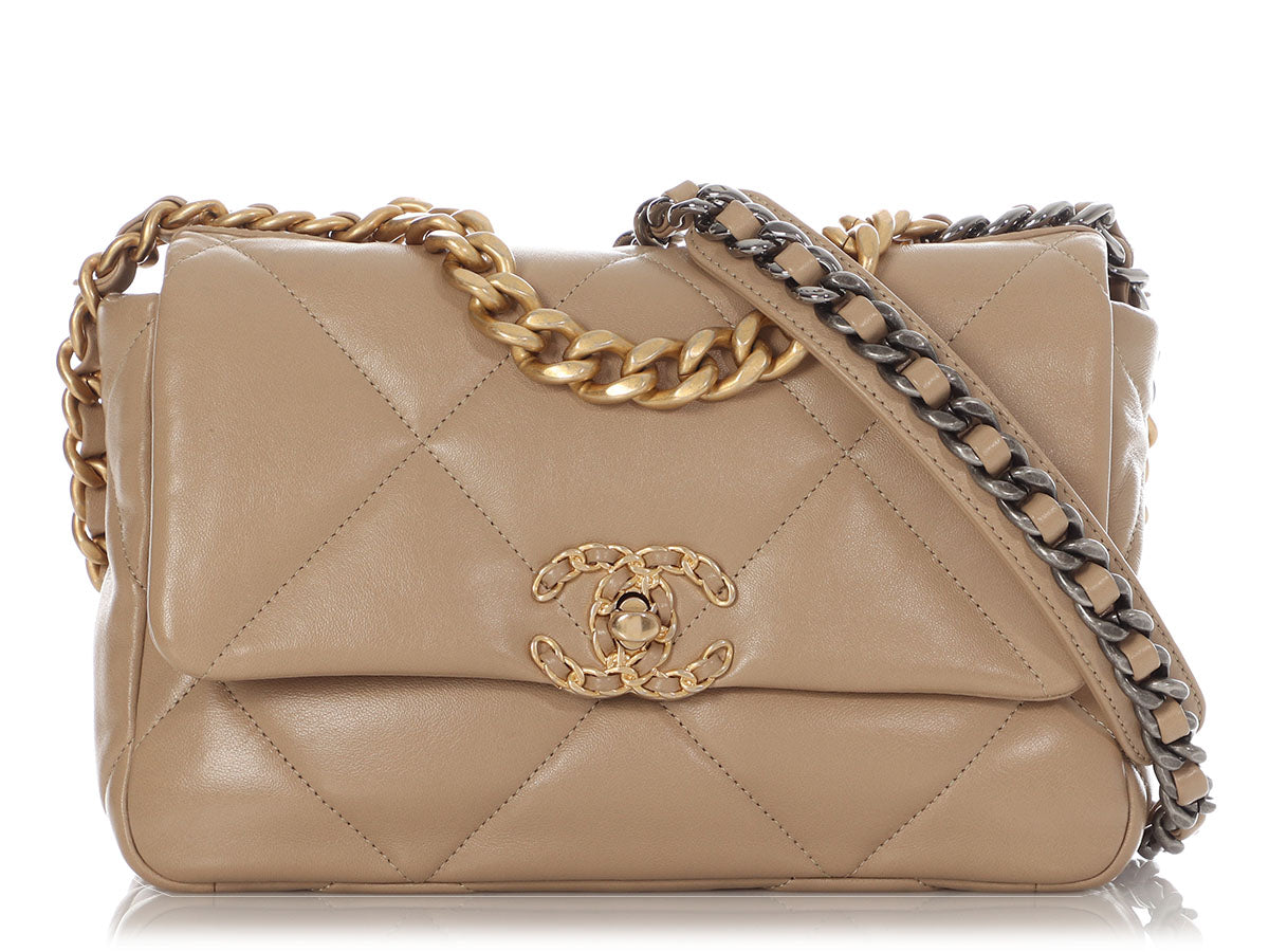 Chanel Beige Quilted Lambskin CC Medium 19 Flap Bag Gold And