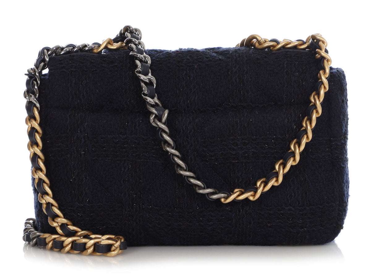 Chanel 19 Small, Navy Ribbon Tweed, Preowned in Box WA001