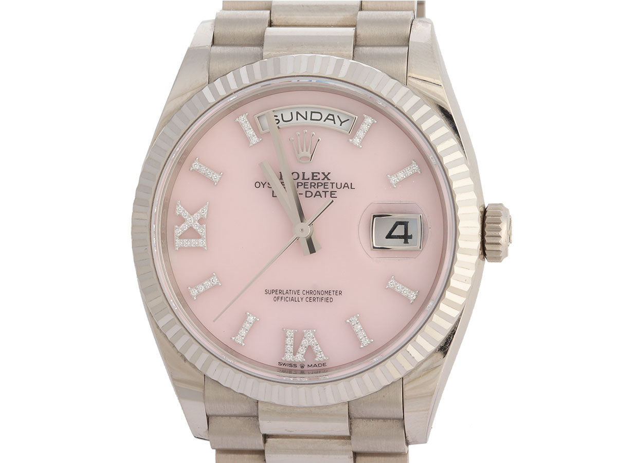 Rolex 18K White Gold Pink Opal and Diamond Dial Oyster Perpetual Day-Date President Watch 36mm