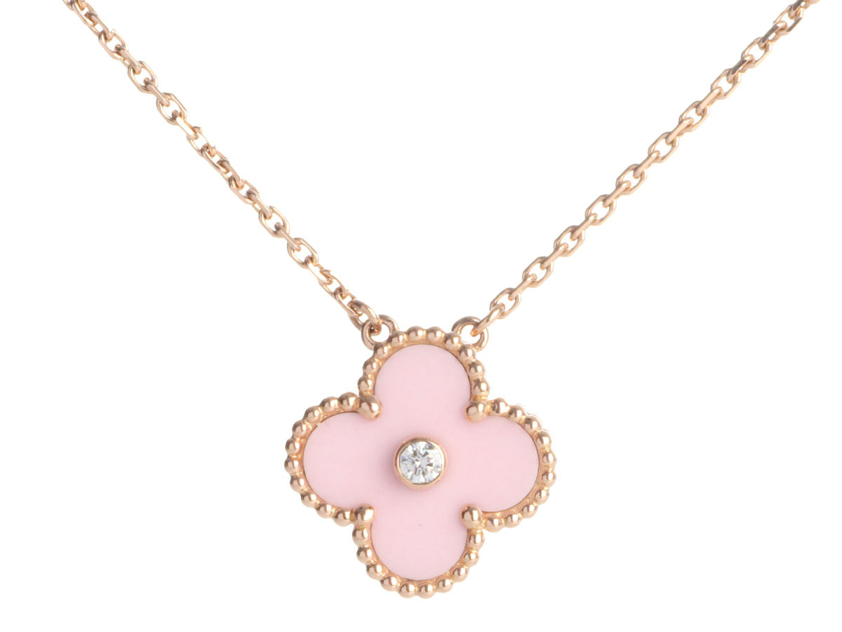 Van Cleef & Arpels 18K Rose Gold Pink Porcelain Diamond 2015 Holiday Pendant Necklace