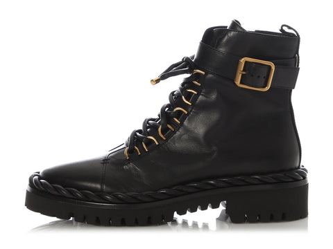 Valentino Black Leather The Rope Lace-Up Combat Boots